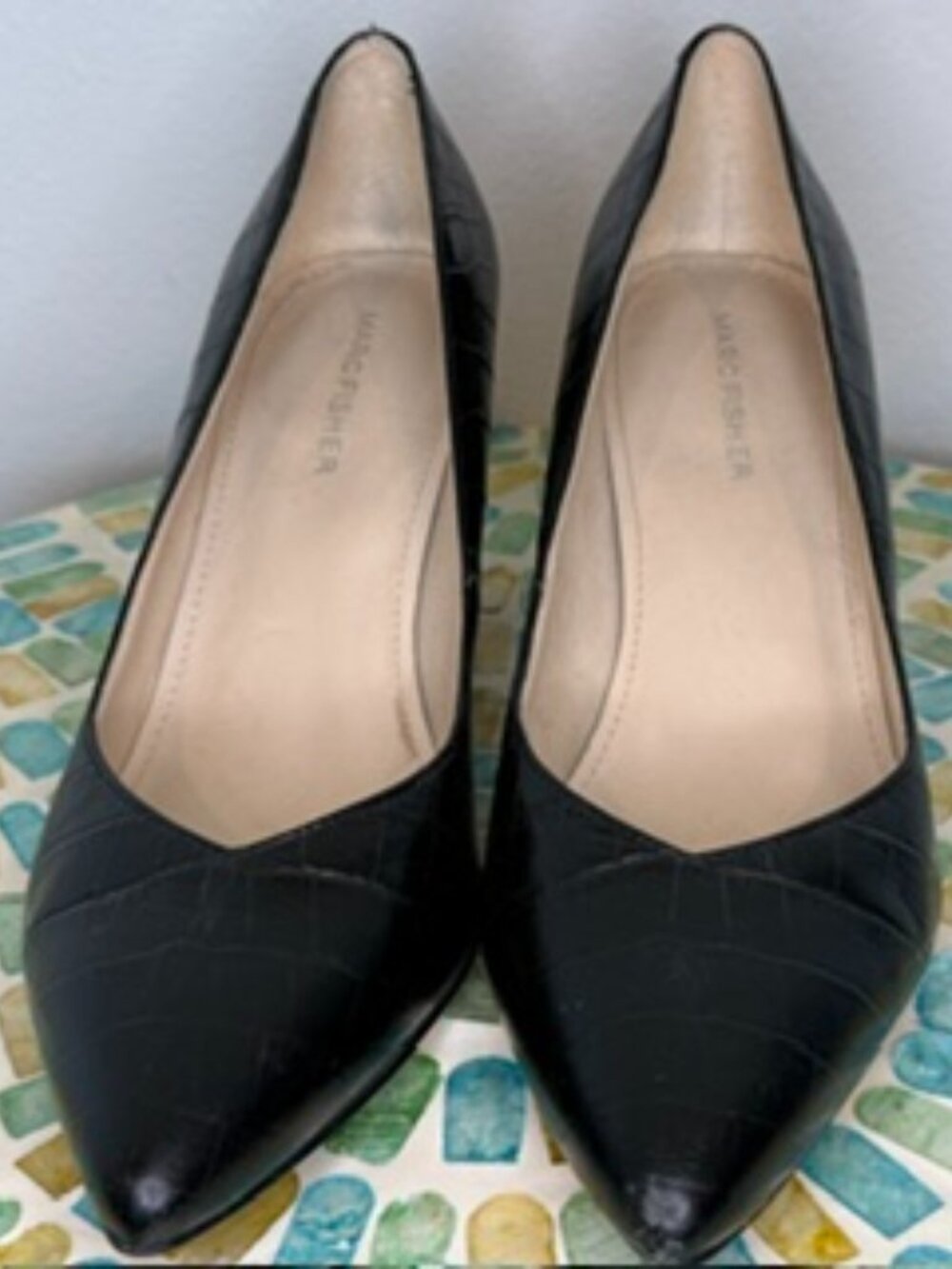 Marc Fisher black crocodile block heels